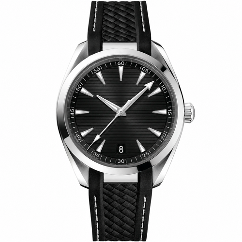 Casual watch with black dial, silver case, and black textured strap, 41mm size