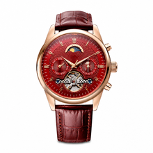Elegante Uhr mit Roségoldfarbenem Gehäuse und burgunderrotem Armband