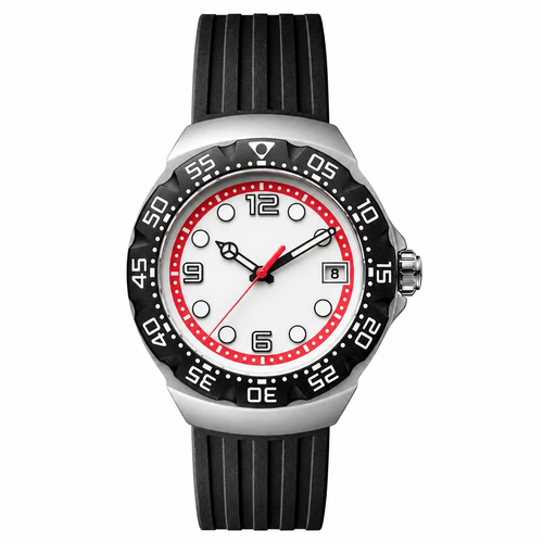 Casual sport watch with white dial, red ring, black numerals, and black rubber strap